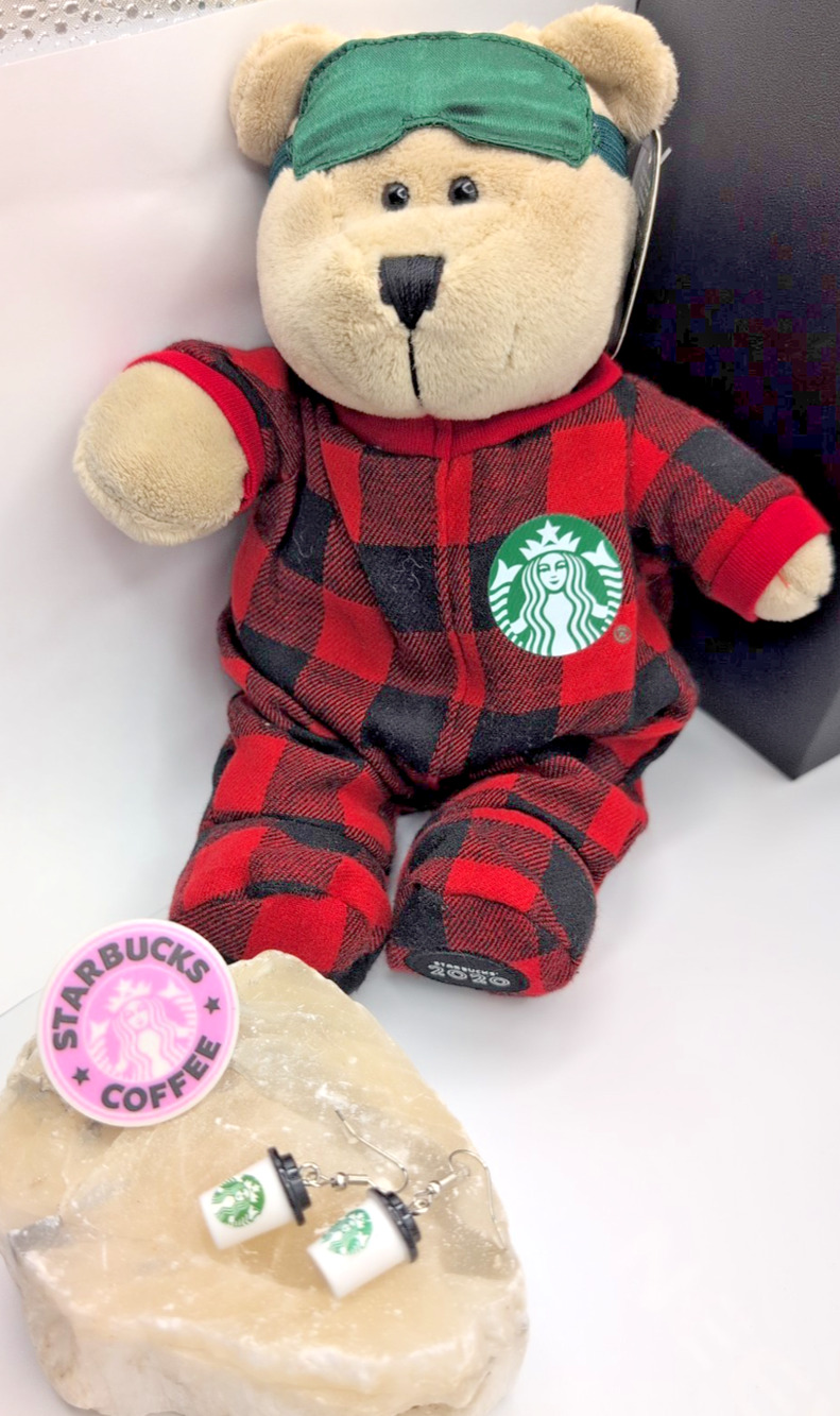Starbucks 3 pc. Curated Set: NWT Bearista PJ Plaid Bear| Plastic Earrings & Ring